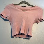 SheIn Bubblegum Pink Crop Top SZ S Ribbed Petite T Shirt Short Sleeve V Neck Photo 1