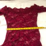 Burgundy red off shoulder sheer lace scallop hem mini dress long sleeves#whimsygoth #gothic Photo 4