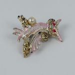 Vintage Gold Tone Enamel Owl Brooch Pink Rhinestone Eyes Faux Pearl Accent Photo 1