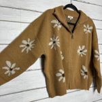 easel Daisy Floral Zip Up Sweater Brown Tan Flower Knit Cardigan Size Small Photo 6