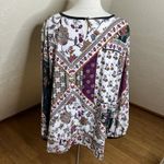 Calvin Klein  Blouse Womens 2X White Floral Multicolor Black Faux Leather Trim Photo 8