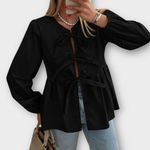 PRETTYGARDEN  Babydoll Peplum Puff Long Sleeve Bow Tie Front Blouse Size XXL Photo 0