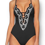 Becca New by Rebecca Virtue Delilah Clare Plunge One-Piece Black Swimsuit Size L Photo 0