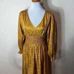 Outerknown  Womens Midi Dress Mustard Yellow Floral Smocked Waist Boho Tiered MED Photo 3