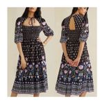 Anthropologie *** Dasha Smocked Black Floral Print Midi Dress Photo 1