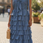 Amazon Corset Back Tie Shoulder Tiered Ruffle Formal Dress with High Slit Photo 0