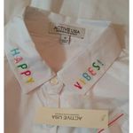 Active USA White Button Down Shirt Embroidered Happy Vibes Collar by Modcloth Photo 4