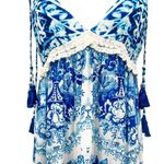 Rococo Sand Oriental Labyrinth Printed Sleeveless Tassel Lace Tiered Maxi Dress Blue Size XS Photo 9