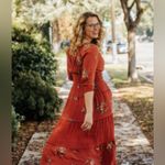 Anthropologie  Fig and Flower Embroidered floral Smocked Tiered Ruffle Dress L Photo 7