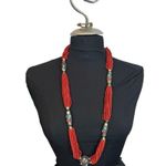 Vintage Tribal Coral Bead crimson red mini beaded Necklace & Balls Of Silver Pla Red Photo 0