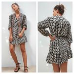 ZARA  Black Cream Mini Dress XS Abstract Print Ruffle Hemline 3/4th Puff Sleeves Photo 1