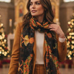 Floral Black and Orange Christmas, semi sheer Scarf Photo 0