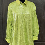 SheIn oversized Lime green satin /sequence buttondown blouse - Size Large-NWT with bag******Refer to measurements. Beautiful green button down blouse with sequins. Can be warn as dress as shown. Never warn & excellent condition. Measurements approximately 25” from armpit to armpit x 25” -29” long. Non-smoking home. priced to sell at as is condition. Don’t like my price, make reasonable offer! And thank you for checking my closet. Photo 0