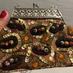 Brown Beaded Clutch Evening Sequin Purse with silver tone art decor frame handle Photo 1