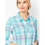 Talbots  Classic Cotton Shirt Sea Plaid Large Blue Button Up Lightweight Coastal Photo 5