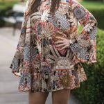 Umgee  Boho Bell Sleeve Ruffle Mini‎ Shift Dress Size Medium Hippie Loose Flowy Photo 3