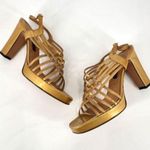 Casadei Womens Leather Peep Toe High Heel Strappy Platform Sandals Gold Size 8.5 Photo 0