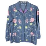 Jane Ashley Medium Petite Top Shacket Beaded Denim Blue Embroidered Button 1480 Photo 0