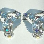 Vintage Silver Tone Light Blue Thermoset AB Rhinestone Clip On Earrings Photo 2