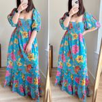 Farm Rio Toucans Garden Blue Floral Puff Sleeve Open Back Midi Dress XS Photo 1