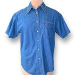 Vintage Sunbelt Denim Shirt Medium Wash Chambray Denim Short Sleeve Gold Stud Blue Photo 10