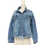 O&O Blue Paint Splatter Cropped Denim Jacket Size Large Casual Denim Jacket Photo 3