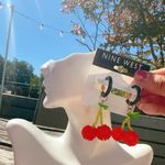 Nine West  red cherry 🍒 green leaves black loops drops beads earrings Photo 2