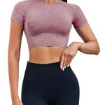 Women Workout Crop Top Short Sleeve Seamless Athletic Shirt Yoga Fitness Tight M Pink Size M Photo 0