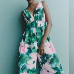 ZARA  Green & Pink Watercolor Floral Print Wide Leg Jumpsuit Size XS Photo 8