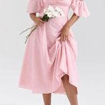 Rihoas Pink Jacquard Ruched Square Neck Midi Dress Size L Photo 3