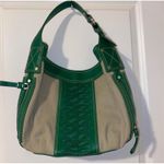Cole Haan Green Leather & Canvas Shoulder Bag Purse Woven Photo 1