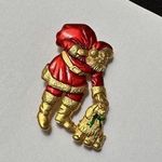 Signed JJ Christmas Holiday Brooch Pin Gold Tone/Red Enamel Santa Claus With Dog Photo 0