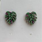 Monstera pink and green plant lover stud wooden earrings gift nature leaf 🍃 Photo 2