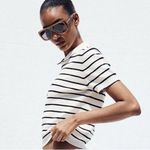 ZARA NWT  Sz Medium Top: Lapel Neck, Short Sleeve, Navy & White Striped w/ Piping Photo 2