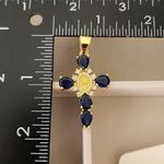 Gold Steel Cross Pendant Crystal Simulated Sapphire Stones and Virgin Mary Blue Photo 5