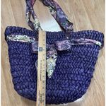 Purple Straw Woven Purse Handbag Tote With Scarf Handles Zip Top Lined Bow Photo 7