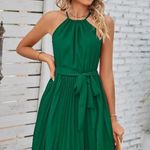 NEW Green Halter Neckline Belted Waist Pleated Skirt Swing Dress Size Small Photo 1