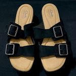 Clarks Wo size 11 Black Faux SUEDE straps and Tan w/ silver Buckle Sandals clean Photo 1