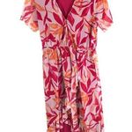 Leota Womens Midi Mesh Dress Leaf Print Short Sleeve V-Neck Ruffle Skirt Pink L Photo 0