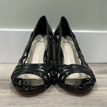 Impo  Black Faux Leather Lattice Caged Peep Toe Pumps Stiletto Heels Size 9.5 Photo 2