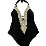 Kona Sol  Swimsuit Bathing Suit Womens L Crochet Plunge One-Piece Halter Black Photo 1