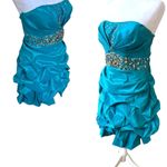 TEAL AQUA BLUE‎ MERMAID RHINESTONE RUCHED STRAPLESS PARTY MINI DRESS LARGE EUC Blue Photo 3