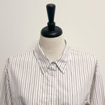 ZARA White Taupe Stripe Button Up Distressed Raw Hem Collar Crop Top New Large Photo 1