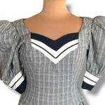 Vintage 80s Leslie Lucks Plaid Puff Sleeve Dress Navy Blue White Midi Retro Photo 1