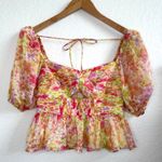 ASTR NWT The Label Arlet Floral Puff Sleeve Blouse M Pink Green Purple Yellow Photo 2