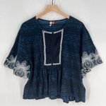 Anthropologie Pilcro Orchid Embroidered Flutter Sleeve Midnight Blue Floral Blouse Boxy XS Photo 1