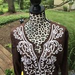 Jones New York New York Jones Top Womens Sz Large L Brown Embroidery Tie Neck Long Sleeve EUC Photo 1