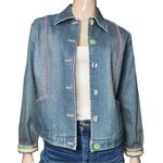 SPANNER Darling Women’s Size 8 Pink Trim Denim Stripe Buttons Jean Jacket Blue Photo 1