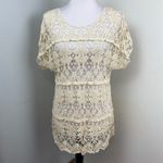 Solitaire  Cream Open Crochet Short Sleeve Top Womens Large Lace Beige Photo 1