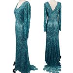 Vintage Floral Beaded Gown Long Sleeve V Neck All Over Rose Beading Turquoise 4 Blue Photo 1